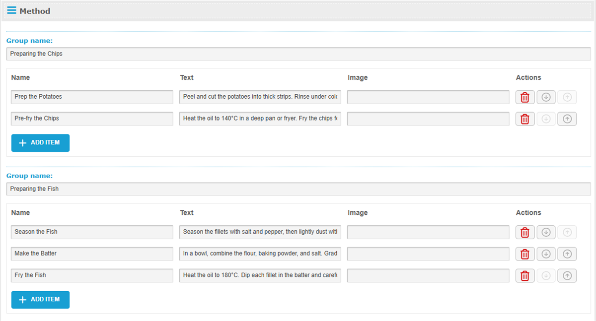 eNewsCMS recipe interface